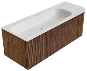 Mondiaz Kurve-dlux 125cm badmeubel ronding rechts walnut met 1 lade en deur en wastafel big medium links zonder kraangat opalo