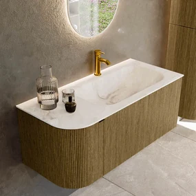 Mondiaz Kurve-dlux 105cm badmeubel ronding links dusk met 1 lade en deur en wastafel big small kraangat rechts frappe