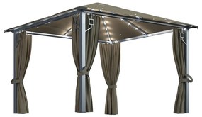 vidaXL Prieel met gordijn en LED-lichtslinger 3x3 m aluminium taupe