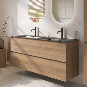 Saqu Terra badmeubel incl. dubbele mat witte keramische wastafel 141x46x66cm denver eiken