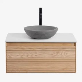 Tedrik Zwevend Badkamermeubelset Van Essenhout Ash Brown & Rond Grijs Cement Ø40 Cm Tarsis & Spiegelloze & Zwart ↑30 Cm - Sklum