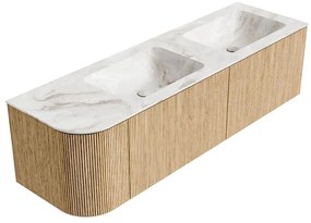 Mondiaz Kurve-dlux 155cm badmeubel ronding links oak met 2 lades en 1 deur en wastafel leaf dubbel/rechts zonder kraangat frappe