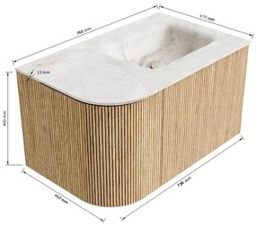 Mondiaz Kurve-dlux 75cm badmeubel ronding links oak met 1 lade en deur en wastafel grunne rechts zonder kraangat opalo