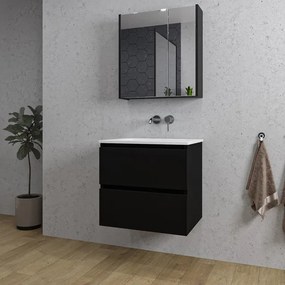 Adema Chaci Badkamermeubelset - 60x46x57cm - 1 keramische wasbak wit - zonder kraangaten - 2 lades - Spiegelkast - mat zwart SW1212760/SW1212815/SW812071/SW773925
