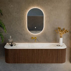Mondiaz Kurve-dlux 160cm badmeubel ronding links/rechts walnut met 1 lade en 2 deuren en wastafel big medium midden zonder kraangat ostra