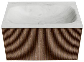 Mondiaz Kurve-dlux 70cm badmeubel walnut met 1 lade en wastafel big small midden zonder kraangat opalo