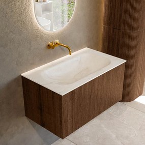 Mondiaz Kurve-dlux 80cm badmeubel walnut met 1 lade en wastafel big small midden zonder kraangat ostra