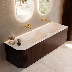 Mondiaz Kurve-dlux 145cm badmeubel ronding links ruby met 1 lade en deur en wastafel leaf dubbel/rechts zonder kraangat ostra
