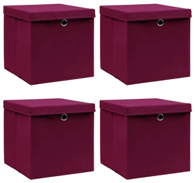 vidaXL Opbergboxen met deksel 4 st 32x32x32 cm stof donkerrood