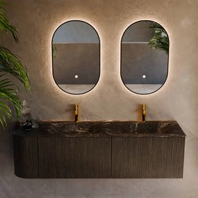 Mondiaz Kurve-dlux 155cm badmeubel ronding links shadow met 2 lades en 1 deur en wastafel leaf dubbel/rechts 2 kraangaten lava
