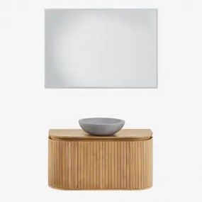 Conjunto Vaniteitmeubel 90x40 Cm Zwevend In Mangohout Analis Mangohout & Rond Grijs Cement Ø40 Cm Tarsis & Rechthoekige Led En Anticondens 100x70 Cm R