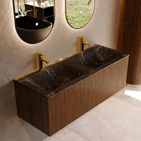 Mondiaz Kurve-dlux 120cm badmeubel dusk met 1 lade en wastafel leaf dubbel 2 kraangaten lava