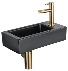 QeramiQ Fuente Fonteinset - 37.5x18.5x9cm - keramiek - kraangat rechts - fonteinkraan geborsteld messing - afvoerplug - verlaagd sifon - Mat Zwart SW1122447/SW696208/SW696218/SW696238
