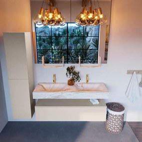 Mondiaz Alan DLux badmeubel 130cm linen 1 lade met wastafel frappe dubbel 2 kraangaten