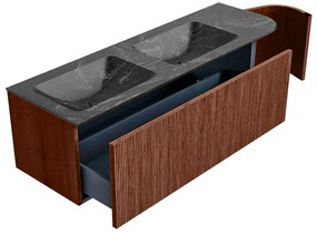 Mondiaz Kurve-dlux 145cm badmeubel ronding rechts ruby met 1 lade en deur en wastafel leaf dubbel/links 2 kraangaten lava