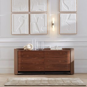 Ladekast met 6 lades in notenhoutfineer en leer, Firmo