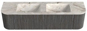 Mondiaz Kurve-dlux 170cm badmeubel ronding links/rechts shadow met 1 lade en 2 deuren en wastafel leaf dubbel 2 kraangaten frappe