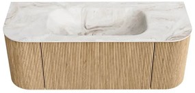 Mondiaz Kurve-dlux 120cm badmeubel ronding links/rechts oak met 1 lade en 2 deuren en wastafel big small midden zonder kraangat frappe
