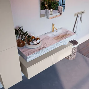 Mondiaz Alan DLux badmeubel 130cm linen 2 lades met wastafel glace rechts 1 kraangat