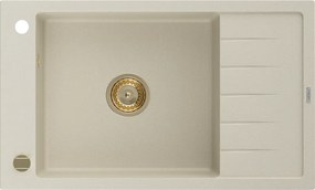 Mexen Elias granieten gootsteen 1-komors met afdruiprek 795 x 480 mm, beige, gouden sifon - 6511791005-69-G