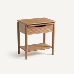 Nachtkastje met massief eikenhout, fineer en leren handvat Melaly