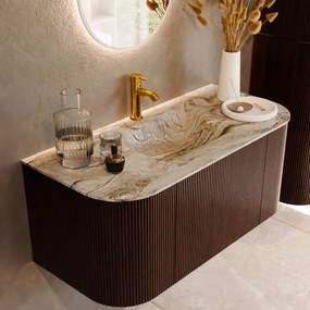 Mondiaz Kurve-dlux 100cm badmeubel ronding links/rechts ruby met 1 lade en 2 deuren en wastafel grunne midden 1 kraangat glace