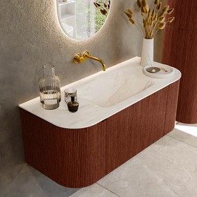 Mondiaz Kurve-dlux 110cm badmeubel ronding links/rechts ruby met 1 lade en 2 deuren en wastafel cloud midden zonder kraangat ostra