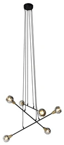 Hanglamp zwart met messing en smoke glas 6-lichts - Vidro Modern, Art Deco E14 rond Binnenverlichting Lamp