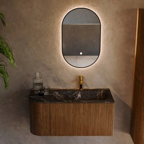 Mondiaz Kurve-dlux 95cm badmeubel ronding links dusk met 1 lade en deur en wastafel big small kraangat rechts lava