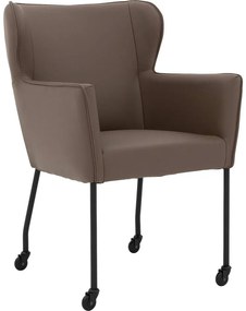 Goossens Excellent Eetkamerstoel Leogang bruin leer met armleuning en Zwart skater wiel met zwarte kapmet wielen, elegant chic