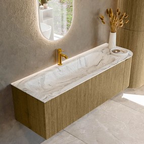 Mondiaz Kurve-dlux 145cm badmeubel ronding rechts dusk met 1 lade en deur en wastafel big large kraangat links glace