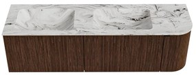 Mondiaz Kurve-dlux 155cm badmeubel ronding rechts walnut met 2 lades en 1 deur en wastafel leaf dubbel/links 2 kraangaten glace