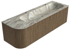 Mondiaz Kurve-dlux 145cm badmeubel ronding links dusk met 1 lade en deur en wastafel big large rechts 2 kraangaten glace