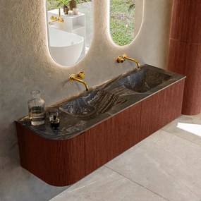 Mondiaz Kurve-dlux 155cm badmeubel ronding links ruby met 2 lades en 1 deur en wastafel leaf dubbel/rechts zonder kraangat lava
