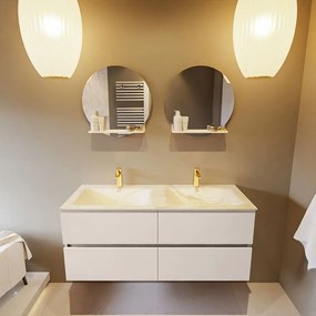 Mondiaz Vica DLux badmeubel 120cm linen 4 lades met wastafel ostra dubbel 2 kraangaten