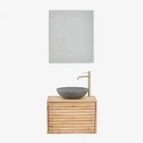 Hangend Badkamermeubelset 60x45 Cm In Hout Deleyna Natuurlijk Hout & Rond Grijs Cement Ø40 Cm Tarsis & Rechthoekige Led En Anticondens 60x70 Cm Riben