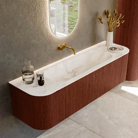 Mondiaz Kurve-dlux 160cm badmeubel ronding links/rechts ruby met 1 lade en 2 deuren en wastafel big medium midden zonder kraangat frappe
