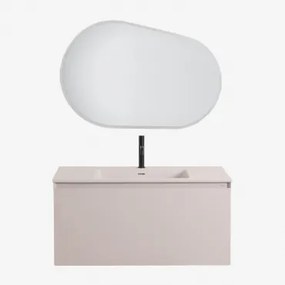 Macrae Zwevend Houten Badkamermeubelset Met Geïntegreerde Wastafel Beige – Linnen & Ovaal Led En Anticondens 100x80 Cm Riben & Mat Zwart ↑20 Cm Met Af
