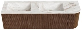Mondiaz Kurve-dlux 155cm badmeubel ronding rechts walnut met 2 lades en 1 deur en wastafel leaf dubbel/links zonder kraangat frappe