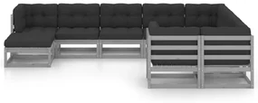 vidaXL 10-delige Loungeset met kussens massief grenenhout grijs
