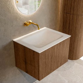 Mondiaz Kurve 60cm badmeubel walnut met 1 lade en wastafel cloud midden zonder kraangat