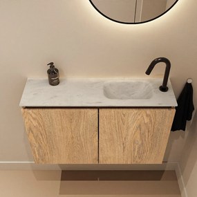 Mondiaz Ture DLux toiletmeubel 80cm washed oak met wastafel opalo rechts met kraangat