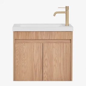 Narek Zwevend Houten Badkamermeubelset Met Geïntegreerde Wastafel Spiegelloze & Ash Brown & Geborsteld Goud ↑20 Cm Met Aftapkraan Zonder Overloop Orve