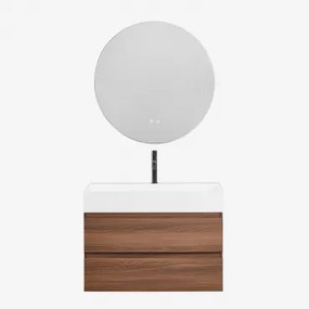 Badkamermeubelset Van Hout En Essenhoutfineer Met Geïntegreerde Wastafel Ona Donker Hout & Round Led And Antifog Ø70 Cm Solyn & - Sklum