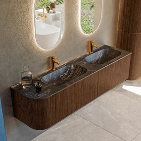 Mondiaz Kurve-dlux 175cm badmeubel ronding links walnut met 2 lades en 1 deur en wastafel stor small dubbel/rechts 2 kraangaten lava