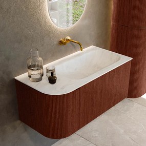 Mondiaz Kurve-dlux 95cm badmeubel ronding links ruby met 1 lade en deur en wastafel big small rechts zonder kraangat opalo