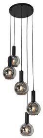 Art Deco hanglamp zwart met smoke glas rond 5-lichts - Josje