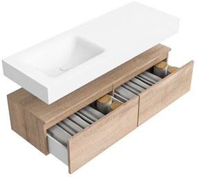 Zaro Alan badmeubel 130cm washed oak 2 lades met vrijhangende wastafel cloud links zonder kraangat talc