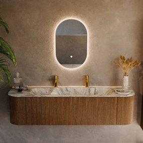 Mondiaz Kurve-dlux 170cm badmeubel ronding links/rechts dusk met 1 lade en 2 deuren en wastafel big large midden 2 kraangaten glace