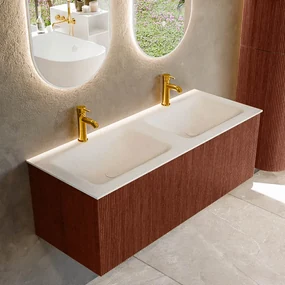 Mondiaz Kurve 120cm badmeubel ruby met 1 lade en wastafel cloud dubbel 2 kraangaten